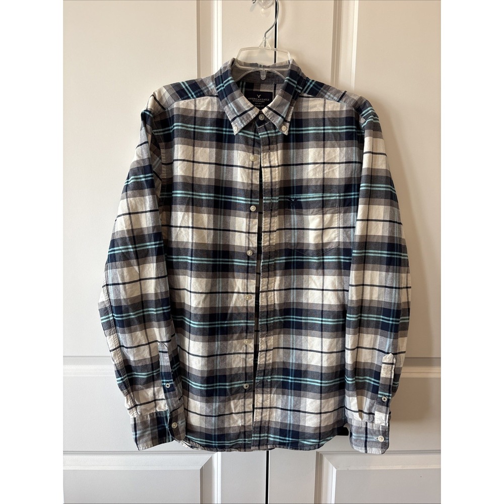 American Eagle Blue Plaid Button Front Mens M Classic Fit Cotton Shirt